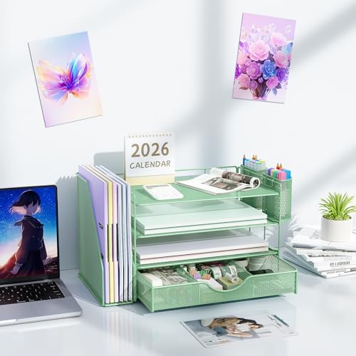 gianotter 4-Tier Desk Organizer with Drawers, File Holders, Letter Trays and Pen Holders - Workspace Accessories for Office Supplies (Sage Green)