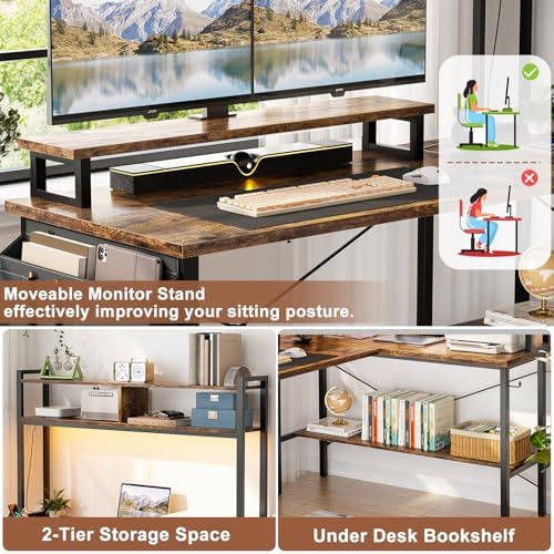 Aheaplus L Shaped Gaming Desk with Power Outlets & LED Lights, Rustic Brown