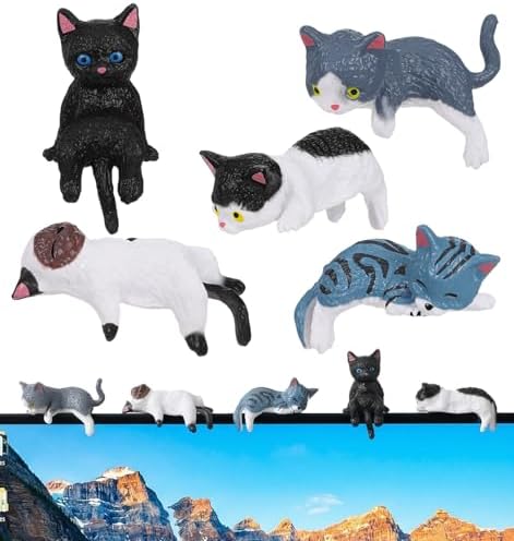 5 Pcs Mini Cat Desk Figurines, Mini Resin Cat Monitor Figurine for Desk Computer Monitor Decor, Cats Figurines for Car Interior & Office Desks (Assorted Colors)
