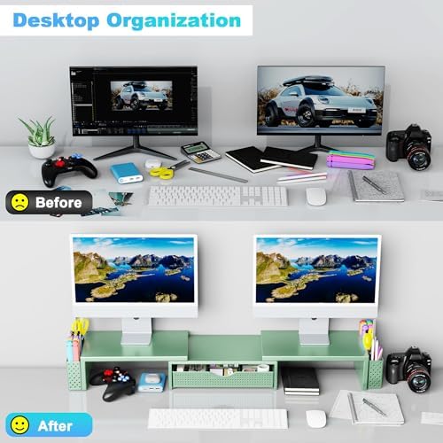 Spacrea Metal Desk Organizers and Accessories, Dual Monitor Stand Riser with Drawer and 2 Pen Holders, Book Racks, Desk Accessories & Workspace Desktop Organizers for Office Supplies (Sage Green)