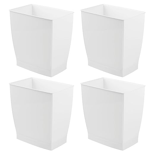 iDesign Small Plastic Bathroom Trash Can, Slim Rectangle Garbage Bin for Bedroom, Office, Dorm, 4-Pack, White