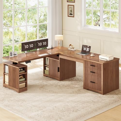 SEDETA Fluted L Shaped Electric Standing Desk, 63" x 67" Height Adjustable Home Office Executive Desk with Drawers and Shelves, Two Person Desk with Power Outlet for Home Office, Brown