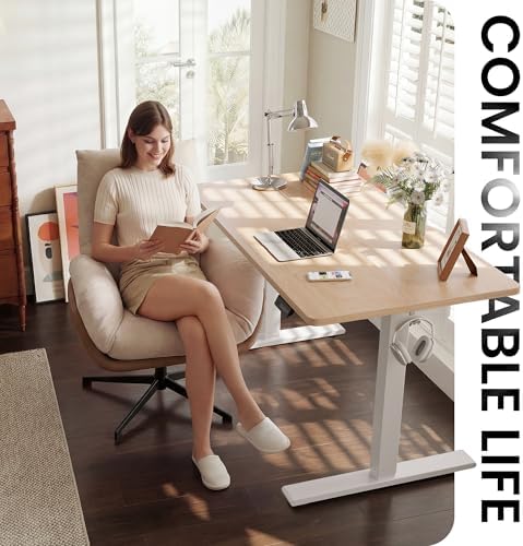 CubiCubi Electric Standing Desk 48 x 24 Inch, Height Adjustable Sit Stand Desk with Memory Presets, Splice Desktop Computer Desk for Home Office, White Frame/Nature Top