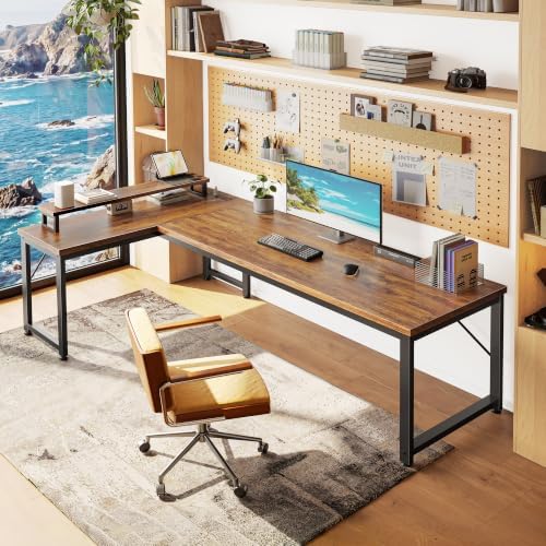 PRAISUN 61" L Shaped Computer Desk, Outlets, Monitor Stand, Rustic Brown