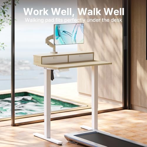HUANUO 32" X 21" Electric Standing Desk with 2 Drawers, C-Clamp Mount Compatible, Height Adjustable Computer Desk, Home Office Stand Up Desk with 4 Preset Heights & 2 Hooks, Light Walnut