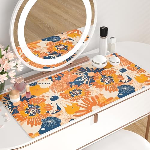 QiyI PU Leather Large Mouse Pad, Office Decor, 31.5" x 15.7", Orange Flower