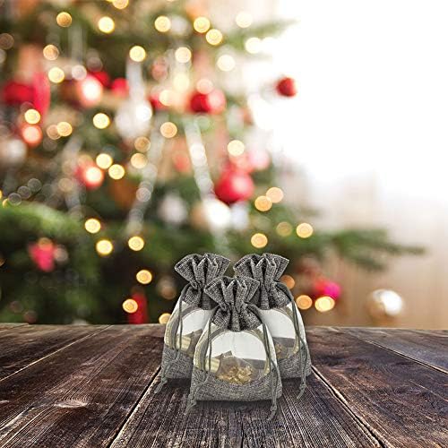 12-Pack Small Linen Burlap & Organza Gift Bags w. Drawstrings (3.5x5.5 in, Gray) - Party Favors, Presents, Samples & Treats Mesh Pouch by The Display Guys