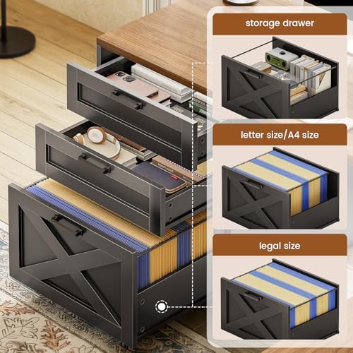 SEDETA 67" Farmhouse L Shaped Desk with Hutch, Black+Brown