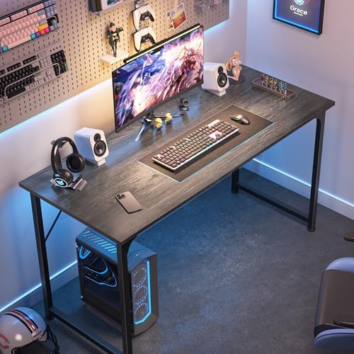 Huuger Computer Desk, 48 Inch Office Desk, Gaming Desk with Storage, Writing Desk Work Desk for Home Office, Study, Modern Simple Desk, Large Legroom, Metal Frame, Grey