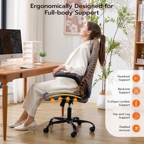 Ylzyxal Office Desk Chair, Ergonomic Computer Chair with Padded Flip-Up Arms and Adjustable Lumbar Support, PU Leather Executive Chair with Tilt Lock and 360° Swivel Rolling Wheels for Work, Study