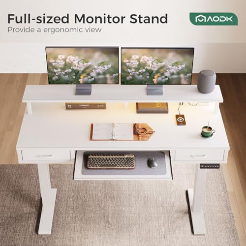 AODK 55 Inch Electric Standing Desk with Drawers & Keyboard Tray, White