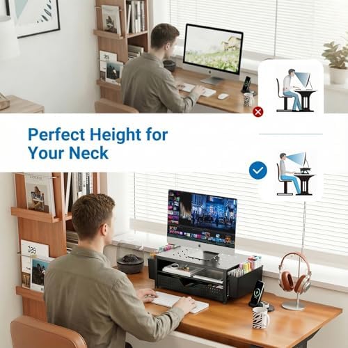 OPNICE Desk Organizer and Accessories, 2-Tier Computer Monitor Stand Riser with Drawer and 2 Pen Holders, Laptop Stand, Office Desk Accessories for Office Supplies, Light Black