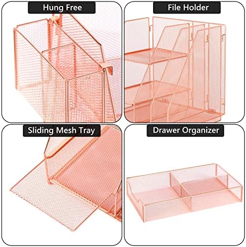 Topwey Rose Gold Desk Accessories, Office Supplies Desk Organizer Caddy with Sliding Drawer, Double Tray, File Organizer and pen holder for Home, Office School