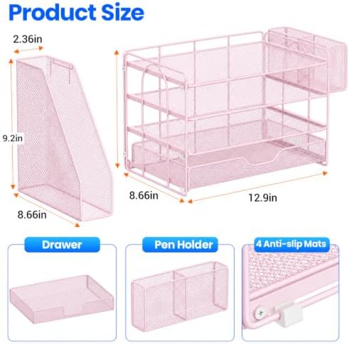OPNICE Desk Organizers and Accessories, 4-Tier Desktop File Organizer with Drawer and Pen Holders, Office Desk Accessories Workspace Organizers for Office Supplies (Soft Pink)