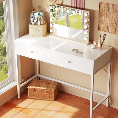SUPERJARE 39.4" White Desk with 2 Drawers, Modern Makeup Vanity Desk