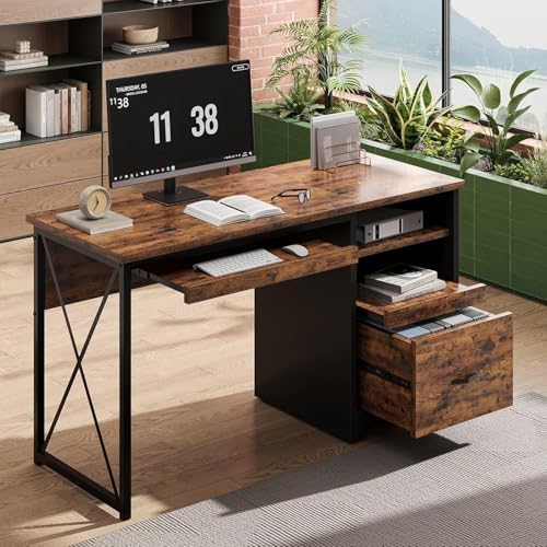 Bestier 47" Computer Desk with Drawers, Home Office Desk with Keyboard Tray, Reversible Industrial Office Desk with Storage Cabinet for Small Space Home Office & Studio, Rustic Brown | Storage Drawer, File Drawer Letter/Legal, Keyboard Tray, Cable Mana...
