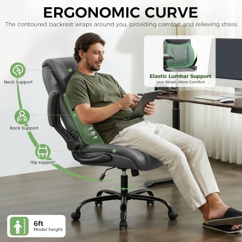 Office Chair, Ergonomic Executive Desk Chair with Lumbar Support for Lower Back Pain Relief, Padded Flip-Up Armrests, Leather Home Office Chair, Gray