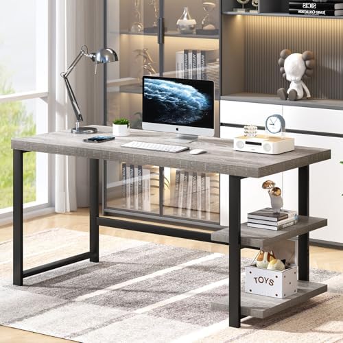 FOLUBAN 47 Inch Home Office Desk, Modern Computer Desk with Storage Shelves, Small Study Writing Gaming Table Workstation for Living Room Bedroom, Industrial Light Grey