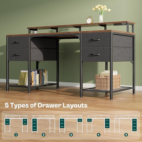Huuger 63 inch Computer Desk with Power Outlets & 4 Drawers
