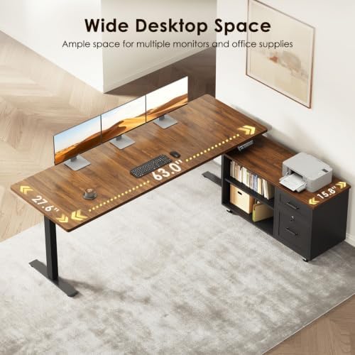 OffiGo 63" L Shaped Electric Standing Desk with Cabinet Sets, Walnut/Black