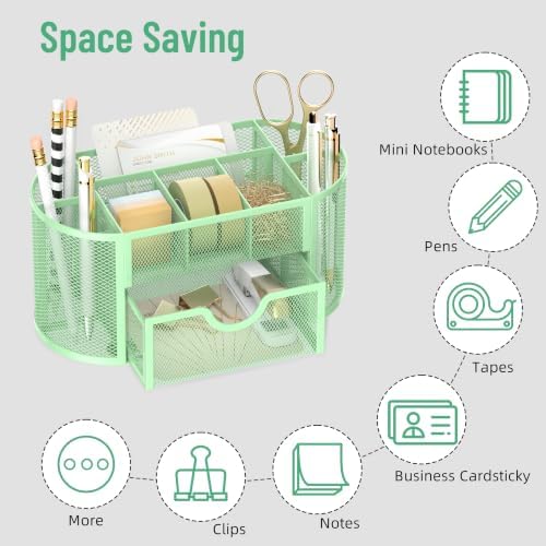 Mesh Desk Organizer with Drawer, 9-Compartment Pen Holder for Desk, Green