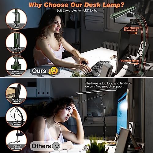 Airlonv LED Desk Lamp with Clamp, 17" Stepless Dimming Light, Green