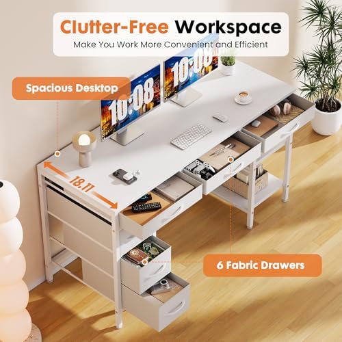 OLIXIS 56 Inch Computer Desk with 6 Fabric Drawers, for Home Office Work