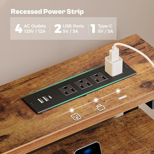 Huuger Gaming Desk with 6 Drawers, Computer Desk with LED Lights Power Outlets and Type-C, 55 Inch Office Desk with Storage, Monitor Stand, Writing Desk for Home Office, Rustic Brown, 1CD102F