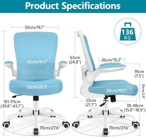 FelixKing Office Chair, Ergonomic Desk Chair Breathable Mesh Chairs Adjustable High Back Lumbar Support Flip-up Armrests, Executive Rolling Swivel Comfy Computer Chairs Home Office Blue