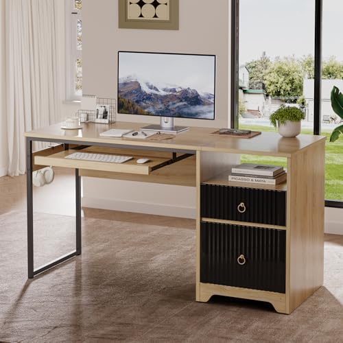 Bestier 55 Inch Office Desk with Fluted Panel & Keyboard Tray, Natural Oak