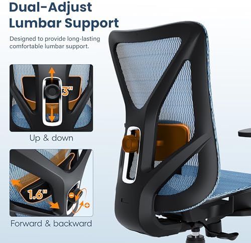 Ergonomic Office Chair, Mesh Computer Desk Chairs with BIFMA X5.1 Certified, Adjustable Lumbar Support, 3D Arm, Tilt Back, Wide Seat, Comfy Swivel Work Task Chair for Company and Home (Azure Blue)
