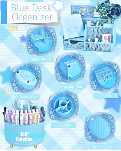 Blue Desk Accessories and Organizers with Desk Organizer and 360°Rotating Pen Holder stapler Pen and a Lot of Office Blue Office Supplies Beautifully Presented in a Gift Box