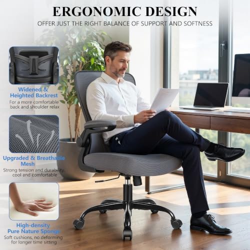 FelixKing Office Chair, Ergonomic Desk Chair Breathable Mesh Chairs Adjustable High Back Lumbar Support Flip-up Armrests, Executive Rolling Swivel Comfy Computer Chairs Home Office Dark Gray