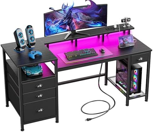 Furologee 60" Black Computer Desk with 4 Drawers and Printer Space, Gaming Desk with LED Lights and USB Power Outlets, Home Office Desk with Fabric File Cabinet,Study Work Table with Shelf for Bedroom