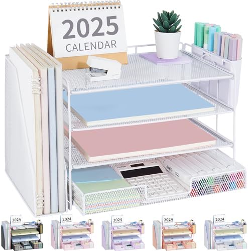 OPNICE Desk Organizer, 4-Tier Desktop File Organizer with Drawer and Pen Holders, Office Desk Accessories, File Sorters, Workspace Organizers for Office Supplies(White)