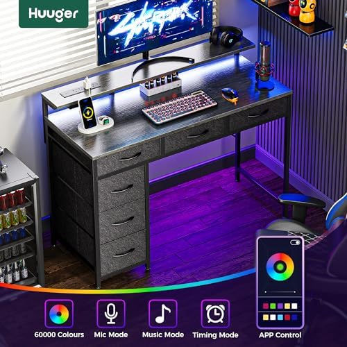Huuger Gaming Desk with 6 Drawers, Computer Desk with LED Lights Power Outlets and Type-C, 39 Inch Office Desk with Storage, Monitor Stand, Writing & Work Desk for Home Office, Bedroom, Grey