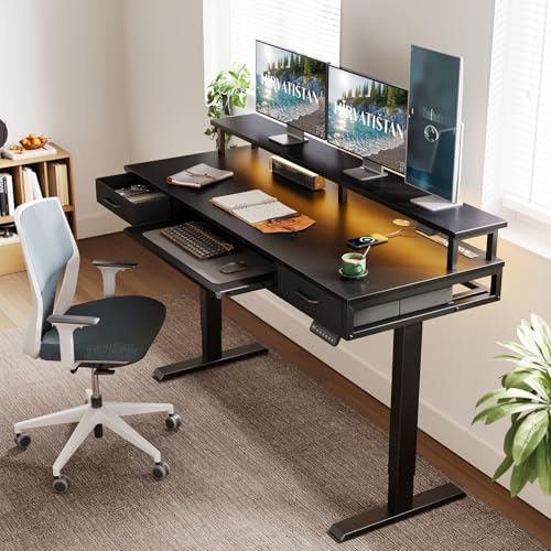 AODK 63 Inch Electric Standing Desk with Drawers & Keyboard Tray, Black
