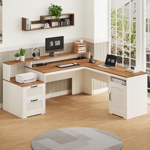 Farmhouse L Shaped Desk with Drawers & Printer Shelf for Home Office
