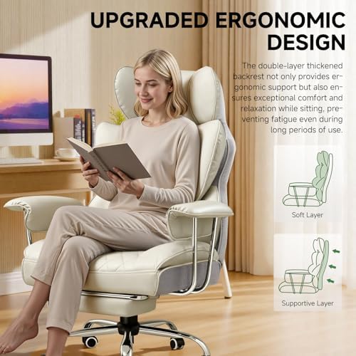 COMHOMA Big and Tall Office Chair, High Back Leather Gaming Chair with Footrest, Executive Ergonomic Office Chairs with Pocket Spring Lumbar Support and with Outward Fixed Soft Armrests