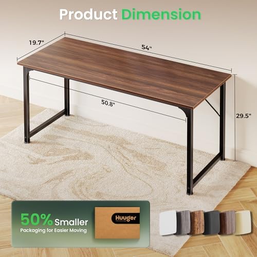 Huuger Computer Desk, 54 Inch Office Desk, Gaming Desk with Storage, Writing Desk Work Desk for Home Office, Study, Modern Simple Desk, Large Legroom, Metal Frame, Walnut