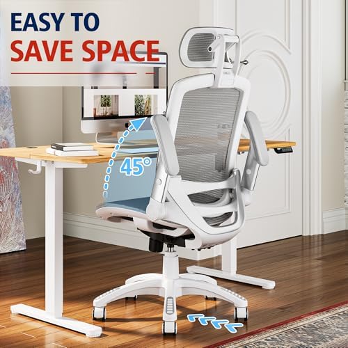GABRYLLY Ergonomic Office Chair, High Back Home Desk Chair with Headrest, Flip-Up Arms, 90-120° Tilt Lock and Wide Cushion, 300LBS Mesh Chairs for Man Woman, White Task Chair(Dark Grey,GY01WDG)
