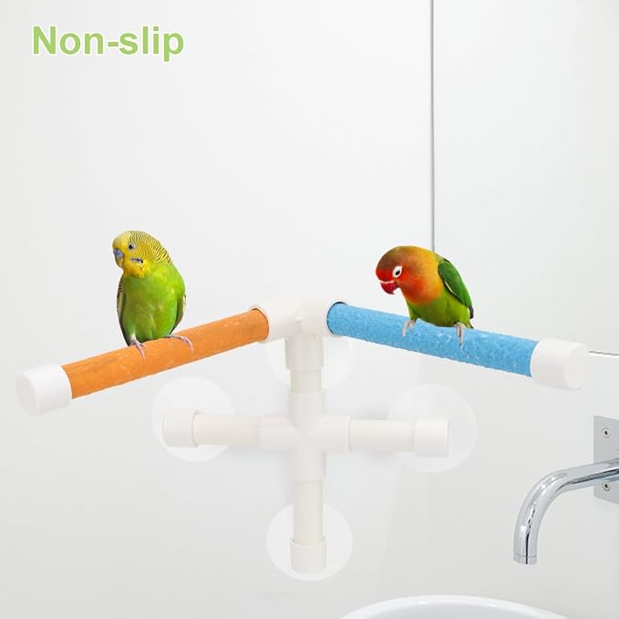 Hypeety Portable Suction Cup Bird Window and Shower Perch Toy Parrot Stand | 3 strong suction cups, parrot bath perch with quartz sand surface, fits windows/tile, for small and medium birds, 2 stands