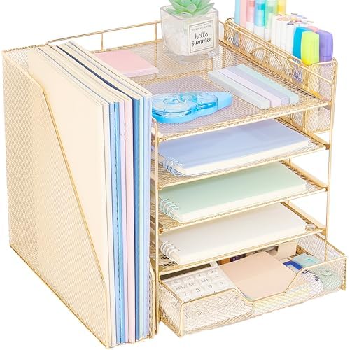 5-Tier Desk File Organizer with Drawer & Pen Holder (Gold)