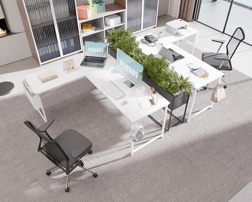 Pamray 64.5 Inch Reversible L Shaped Gaming Desk Large Corner Computer Desk with Storage Bag Home Office Table for Writing Study White