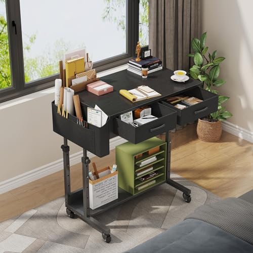 Small Portable Rolling Standing Desk - 32 Inch Adjustable Mobile Stand Up Gaming Desks with 2 Fabric Drawers on Wheels, Couch Sofa Side Laptop Table with Storage for Home Office, Black