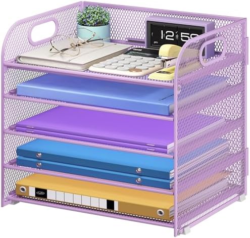 Cawukege 5 Tier Paper Organizer with Handle, Metal Mesh Desk Organizer File Folder Paper Letter Tray Desktop Document Sorter for Classroom, School, Office Accessories Organization and Storage - Purple
