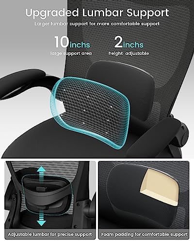 MUXX.STIL Office Chair, Ergonomic Desk Chair with Adjustable Lumbar Support and Flip up Armrest, Breathable Mesh Computer Chair for Home Office, Black