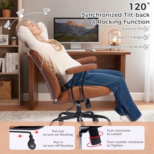BEWISHOME Brown Leather Office Chair with Quiet Rubber Wheels