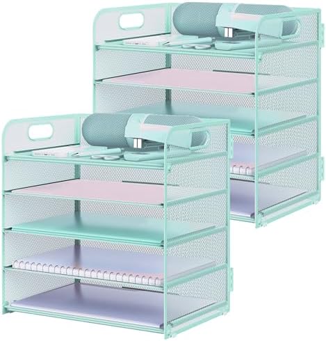 2 Pack Letter Tray Paper Organizer 5-Tier Desk Organizer File Organizer Paper Holder with Handle, Metal Desktop Document Shelf Tray Office Classroom Organization - Blue