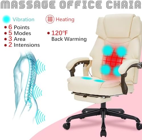 Massage Office Chair with Foot Rest 6 Points Vibration and Heat Home Office Desk Chairs for Heavy People 400lbs Reclining Managerial Chairs Ergonomic Executive Chair (Cream)